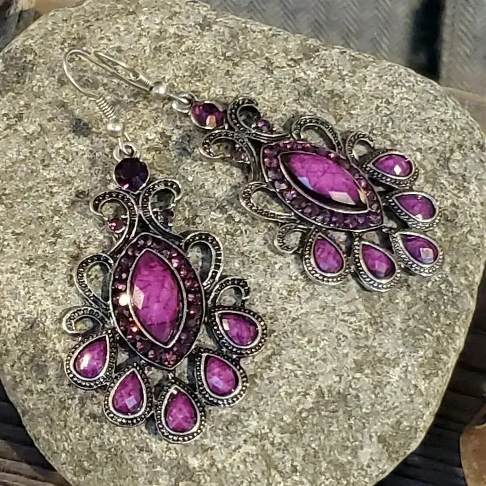 Vintage 90s Lacy Purple Marquise Antique Silver Acrylic Crystal Dangle Earrings - Picture 7 of 8